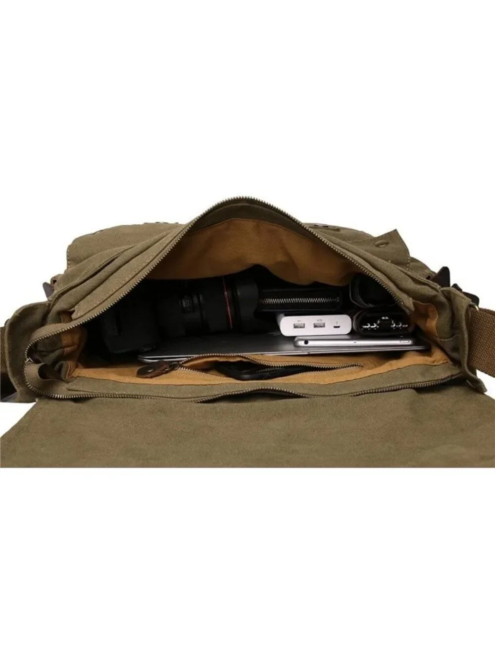 Vintage Military-Style Leather Canvas Messenger Bag for Laptops & Travel